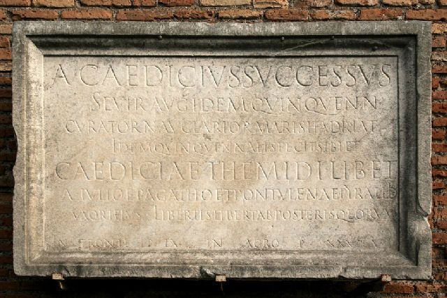 A stone inscription in Latin whose first line reads A Caedicius Successus. Subsequent lines are too small to read. Tomb inscription of A(ulus) Caedicius Successus, quinquennalis (president) of the guild of skippers sailing the Adriatic Sea.