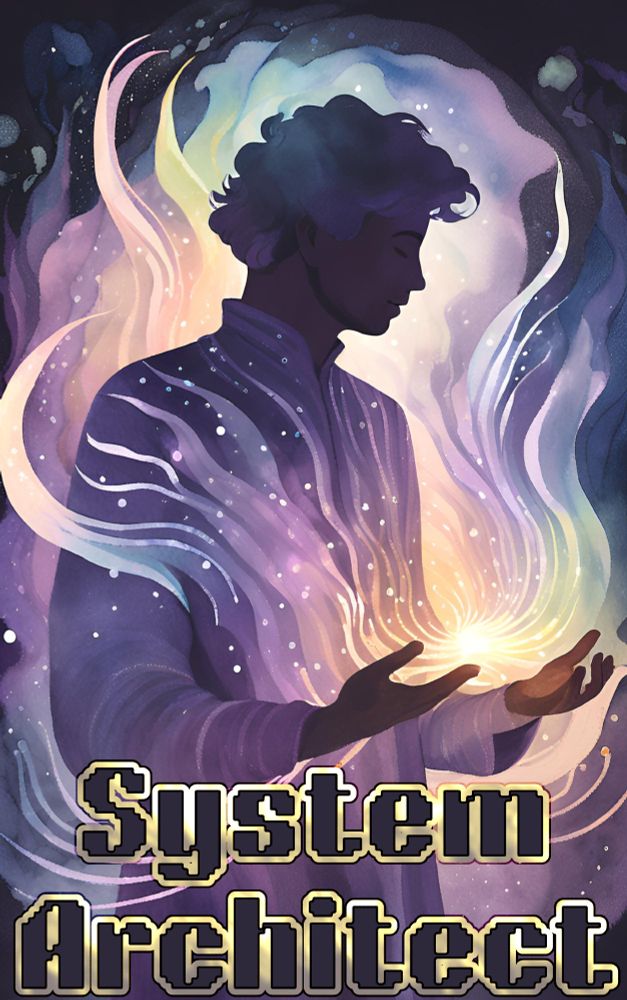 System Architect cover: flowing watercolor of a man creating something bright in the darkness. Titled 'System Architect' in a computerized pixel font.