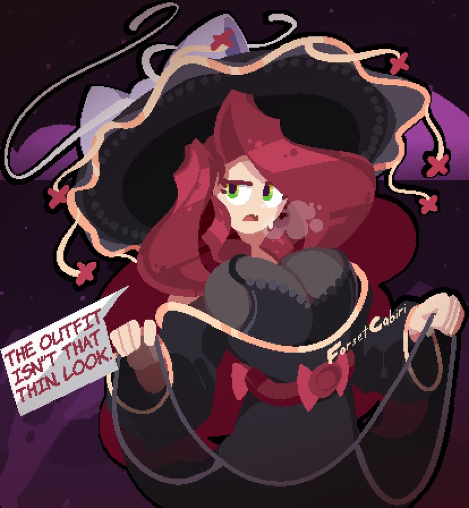 An artpiece by ForsetCabiri of their character, Fluorit. She's insisting her outfit isn't very thin, even though you can see almost completely through it.