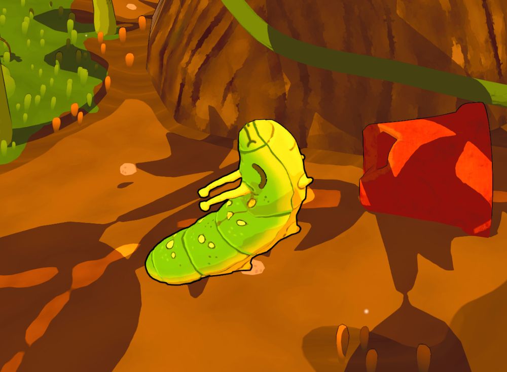 a very content and blissful looking caterpillar screenshot mid-fall, with a tree and a flowerpot in the background. their facial expression radiates the joy and peace that only being a cute lil bug can offer