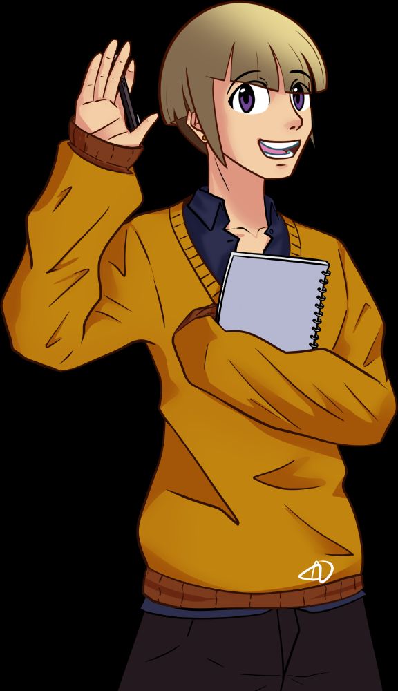 Character holding a pen and sketch pad. Asymmetrial bob cut with ash-blonde hair. Has purple eyes and a yellow jumper.