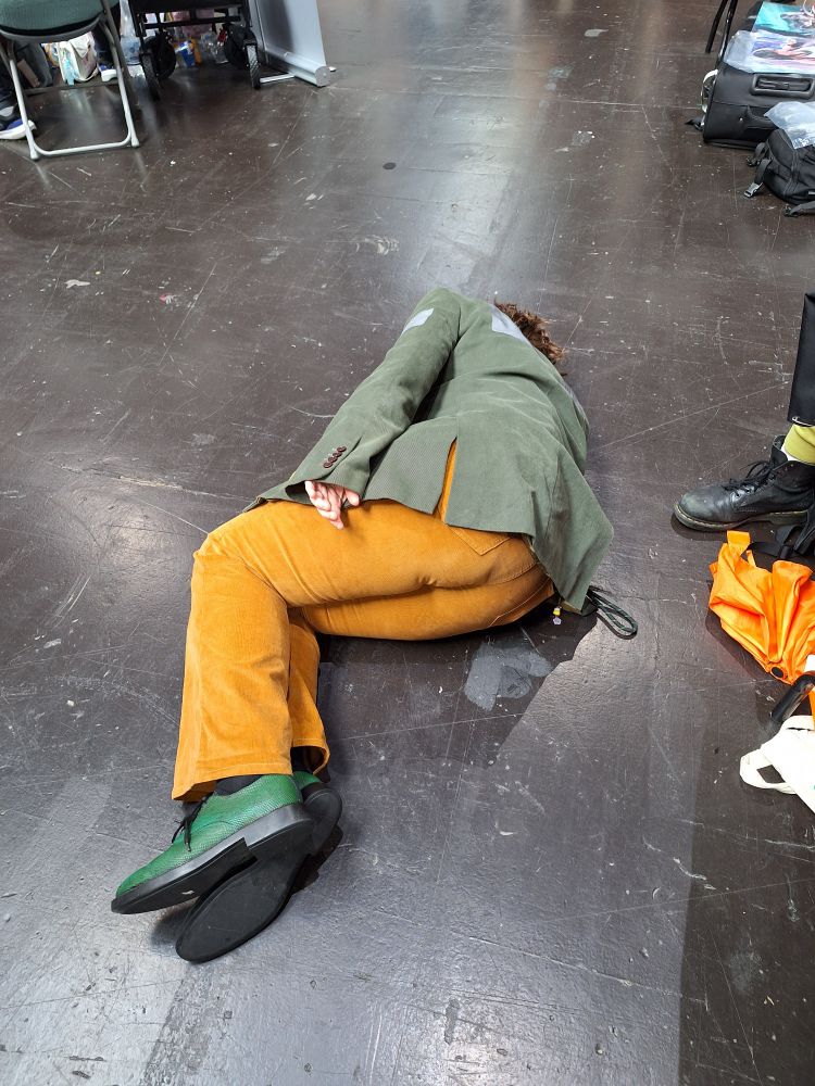harry du bois cosplay from disco elysium doing the Dobby dying in a glue trap pose. rip you will be missed.