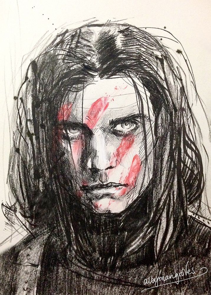 Black ink drawing of The Winter Soldier with a red handprint smudged over his face.