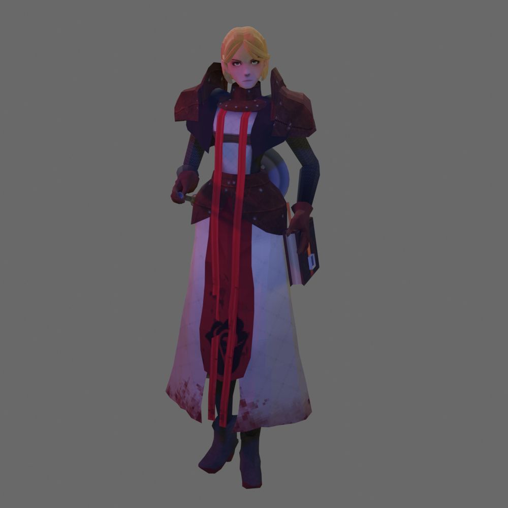 a render of a low polygon fantasy cleric game character. she wears leather armour, and robes that are red, white and black.