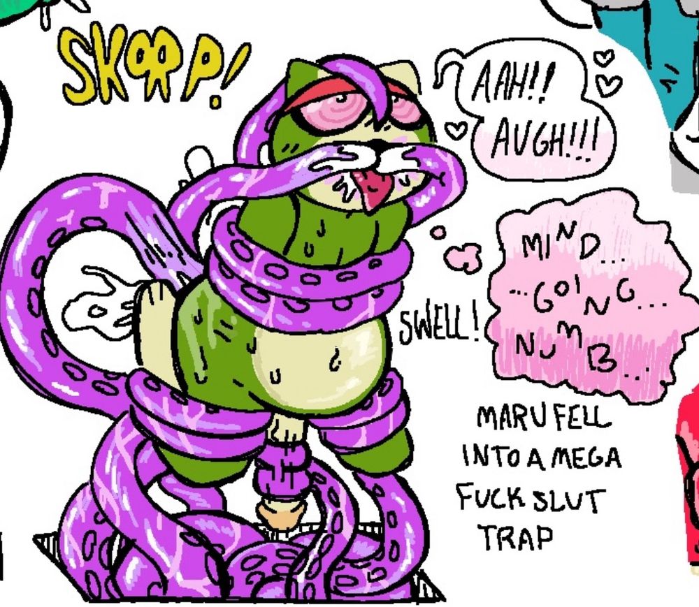 A green tabaxi cat is tangled in a pile of tentacles that holds them upright, binding their arms, legs, and sliding into their mouth. One large tentacle is rapidly fucking their ass, cum bursting from the tabaxi’s rear as their stomach bloats with cum. Another jacks off their cock. Their eyes are pink and hypnotic, while their only thoughts are how their mind is going numb~ 

Text: MARU FELL INTO A MEGA FUCK SLUT TRAP