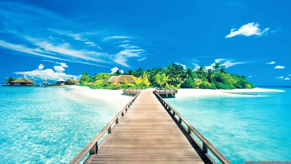 Foto eines Stegs, der über ein klares Meer an den Strand einer tropischen Insel führt. Blauer, klarer Himmel darüber.