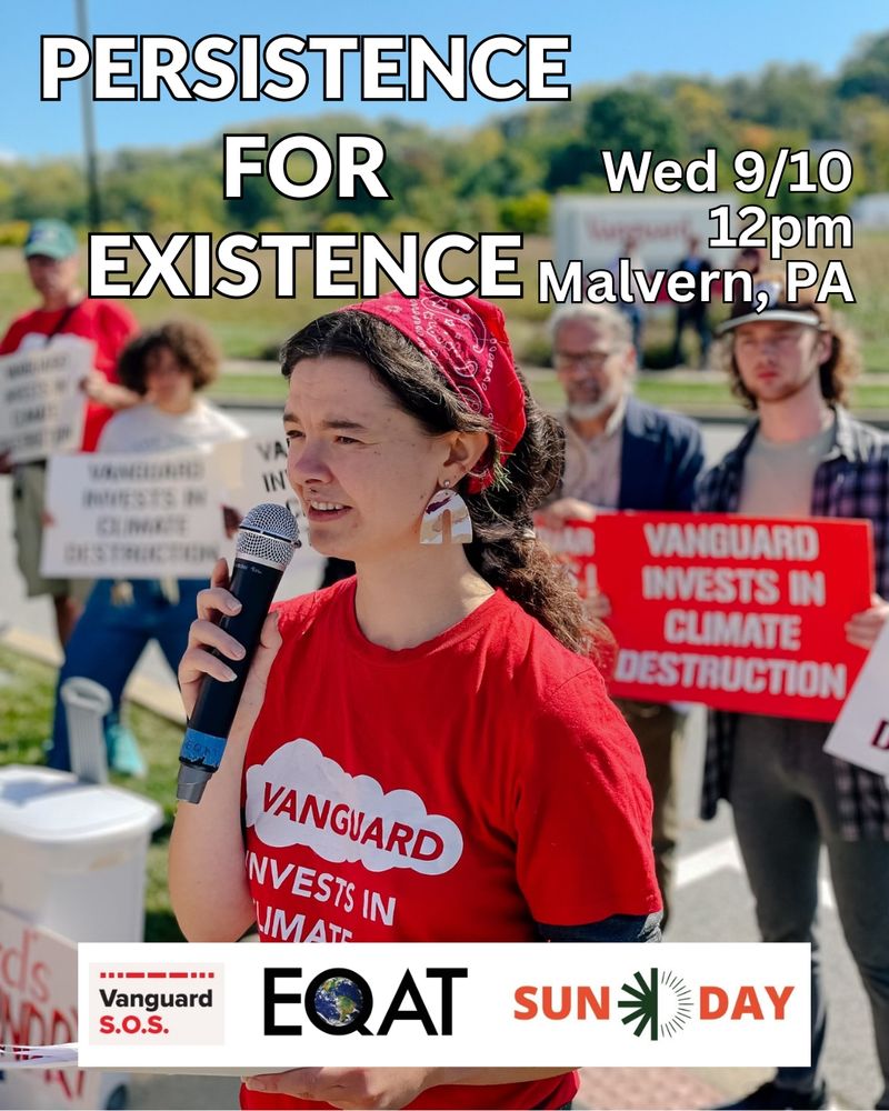 A person speaks into a microphone while others look on from behind. Over the image, there is text that says "Persistence for Existence / Wed 9/10 12pm Malvern, PA / Vanguard S.O.S EQAT Sun Day" Photo by Rachael Warriner