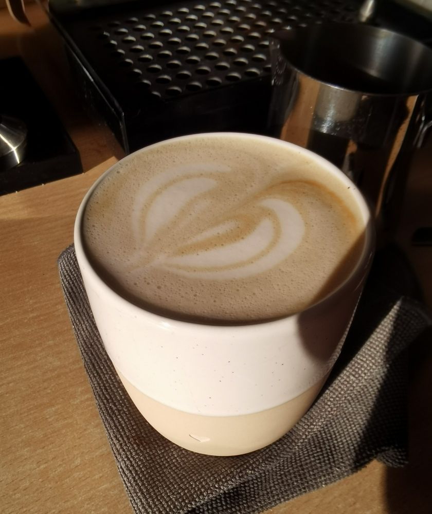 Foto von einer henkellosen Tasse, die unten braun und oben beige lackiert ist. In der Tasse ist ein Cappuccino mit einer Mischung aus Herz und Farn als latte art Motiv. Die Tasse steht auf einem grauen Tuch, im Hintergrund ein silbernes Milchkännchen und das Abtropfsieb der Maschine. 