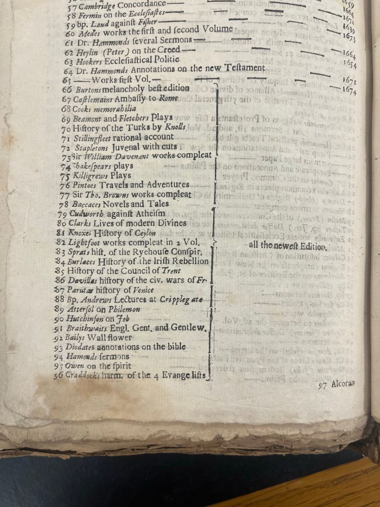 A page in a catalogue of books from 1680; a list of titles are bracketed and the publication information says ‘all the newest edition’.