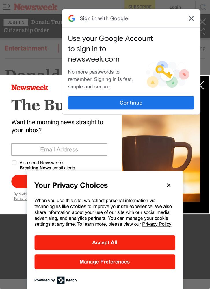 A screenshot of newsweek.com with three different modal overlays obscuring the story.