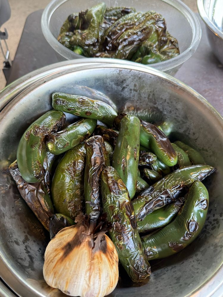The grilled poblanos and Serranos and garlic