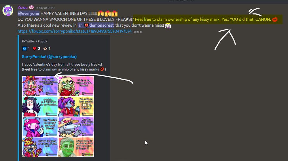 gimmiko server announcement about the valentines day cards (twitter only post... thats why im screenshotting instead of quoting it)