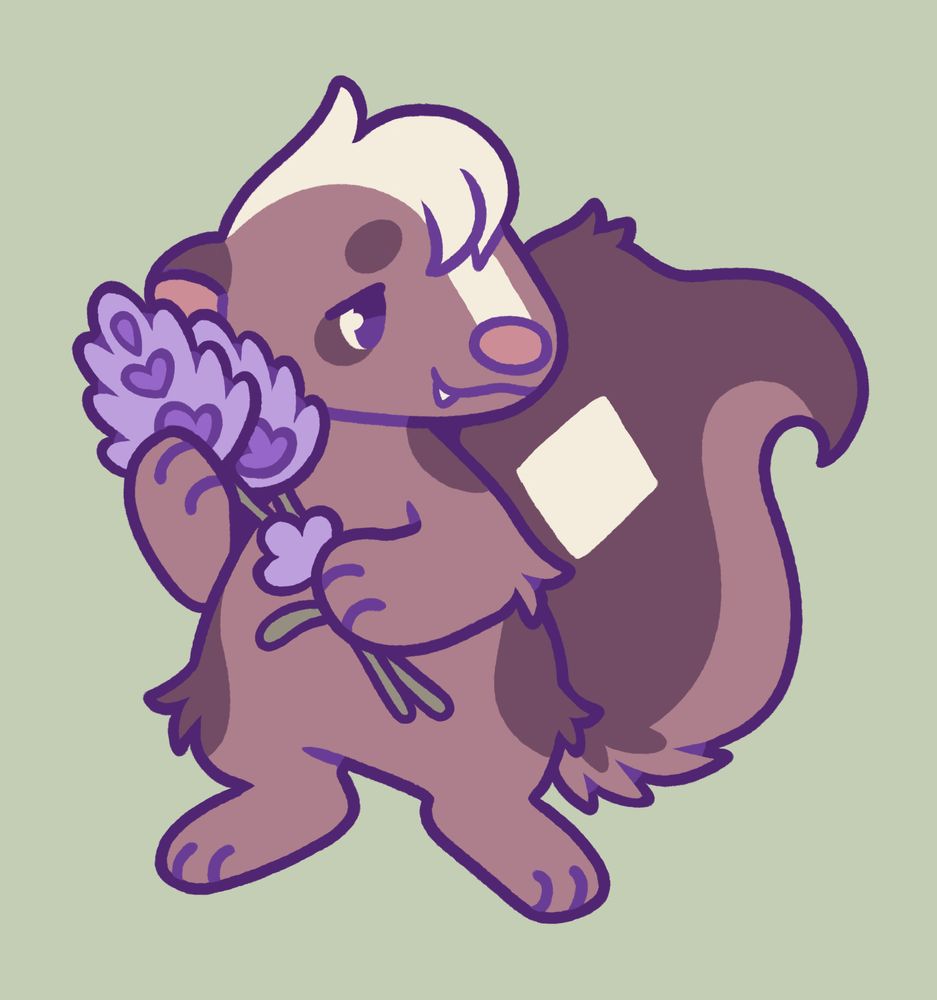 Drawing of a skunk holding some lavender with a calm and gentle expression.