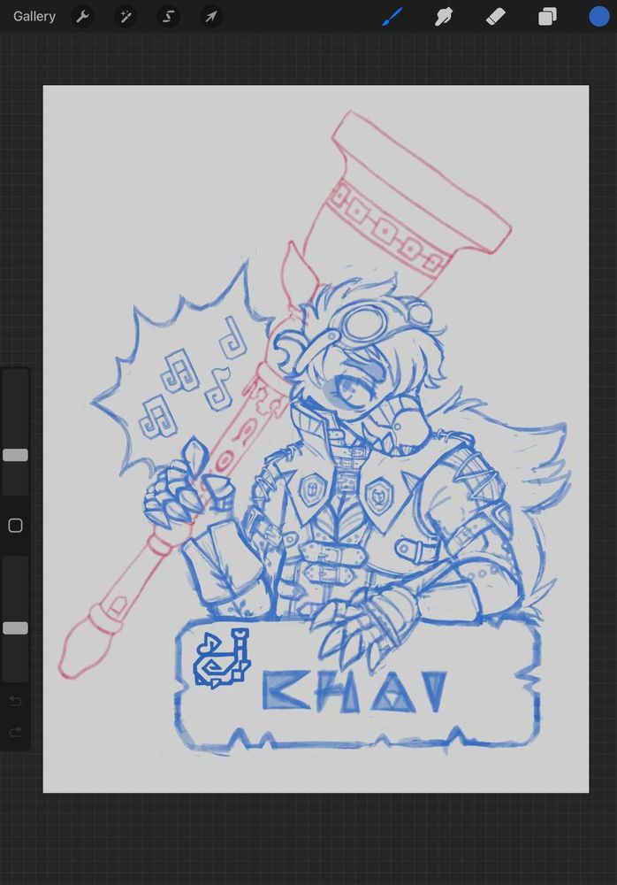 Sketch of a skunk named Chai dressed in the Great Girros armor from Monster Hunter World. She is holding a Royal Chordmaker hunting horn in her right hand. Notes for the Earplugs Large melody are next to the horn. 