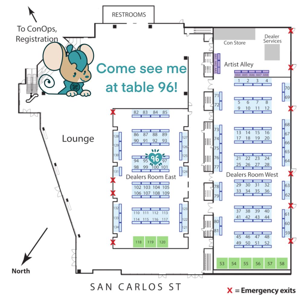 Graphic of the Further Confusion dealers den map with the table number 96 circled with a heart. The text on the image reads come see me at table 96!