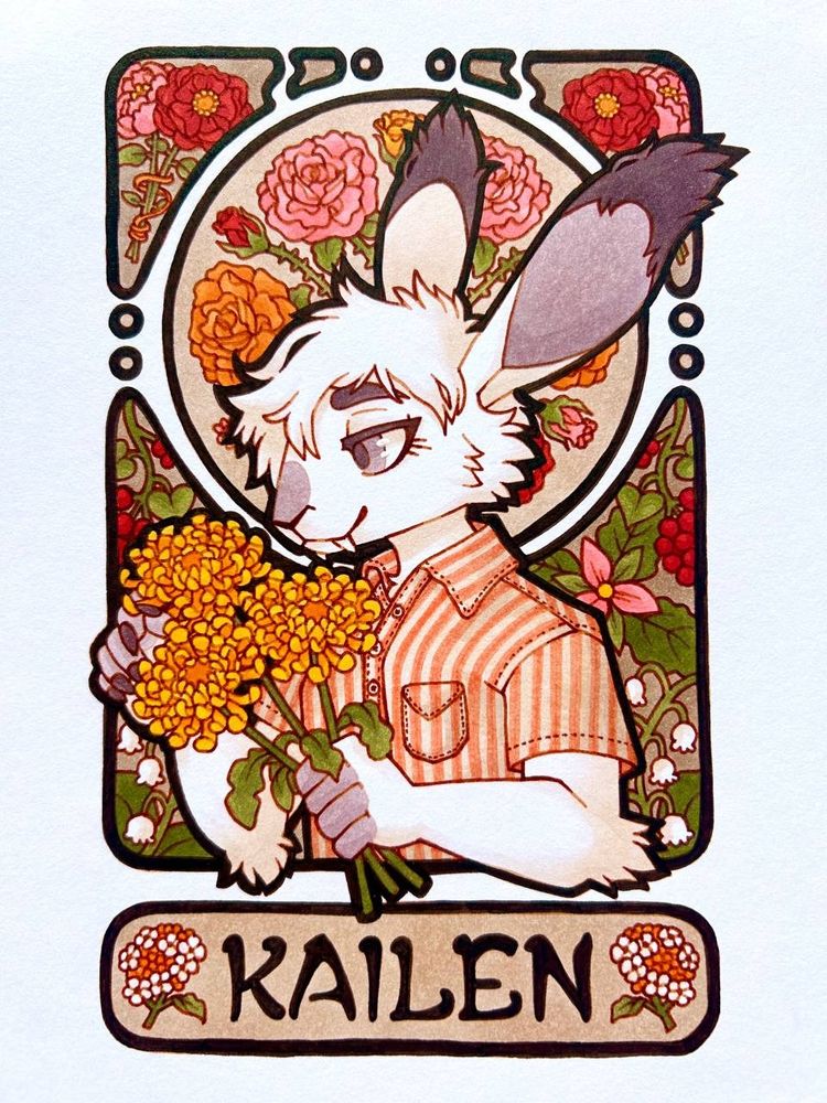Photograph of a pen and marker badge of a jackrabbit character named Kailen. She is holding three yellow chrysanthemums. Behind her is an art nouveau inspired background with various plants and flowers. 