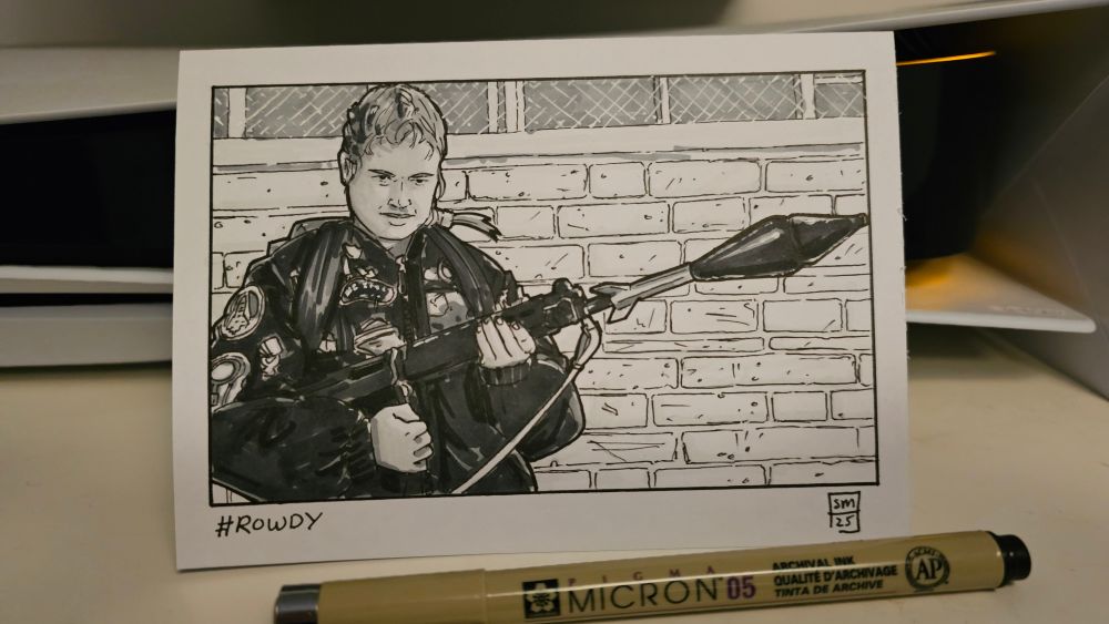 An a6 pen and marker sketch of Ace, companion to the 7th Doctor. She is standing against a wall with her famous bomber jacket and backpack. She is holding a rocket launchers, of sorts.