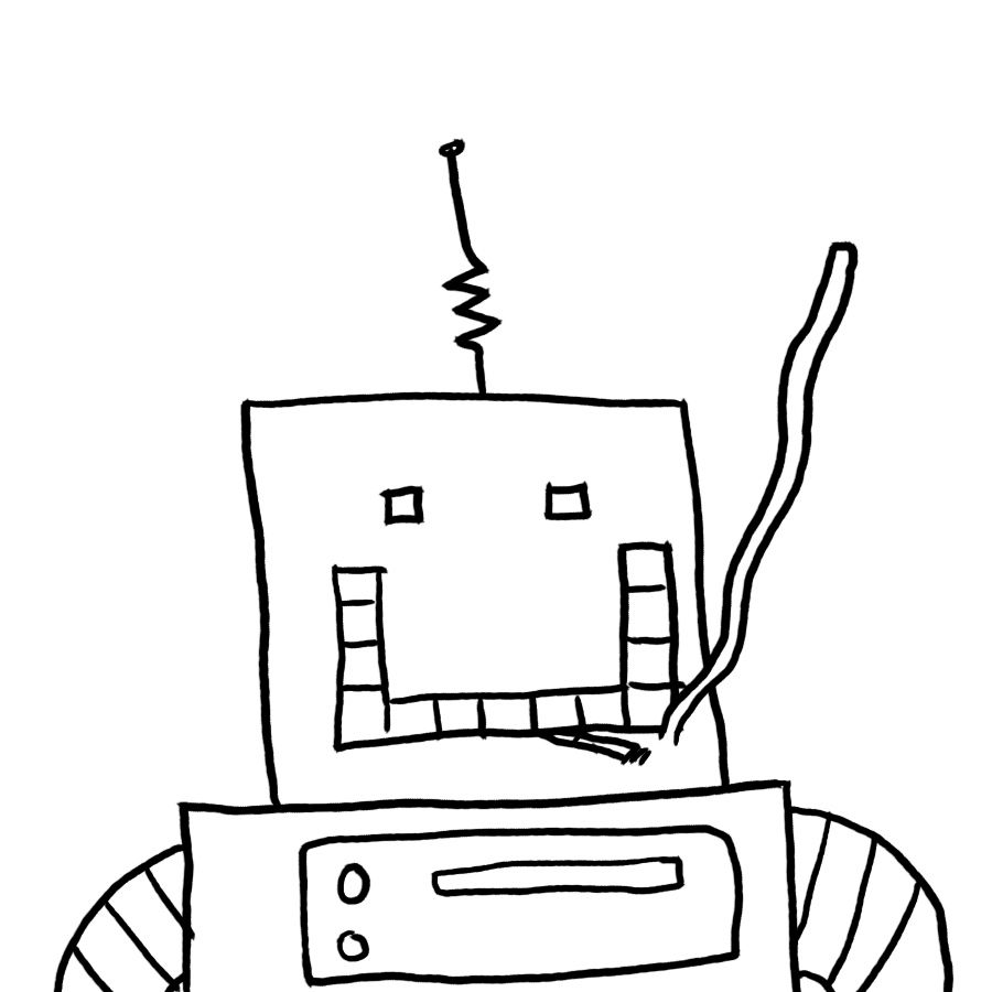 bad drawing of a robot with a square face and square smile and square eyes smoking a cig