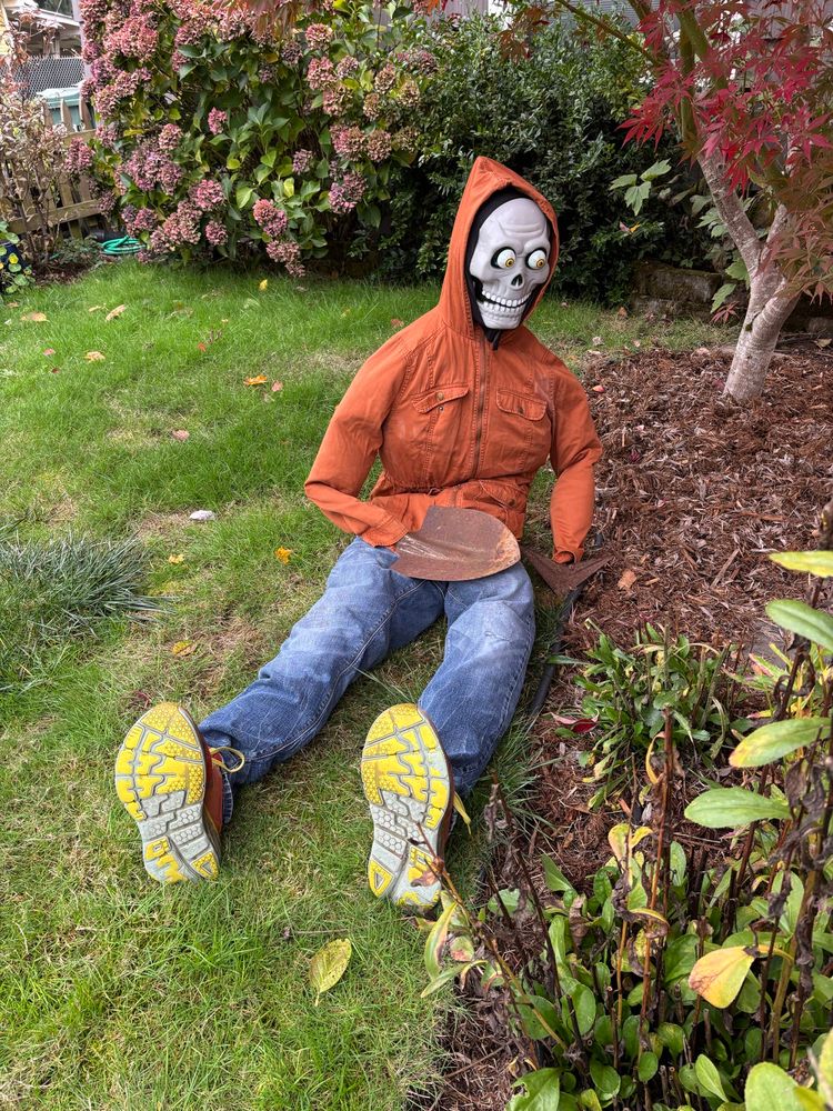 Scarecrow dude made of some stuffed clothes a googly eye Skelton mask with rusty garden tools for hands. Sitting upright