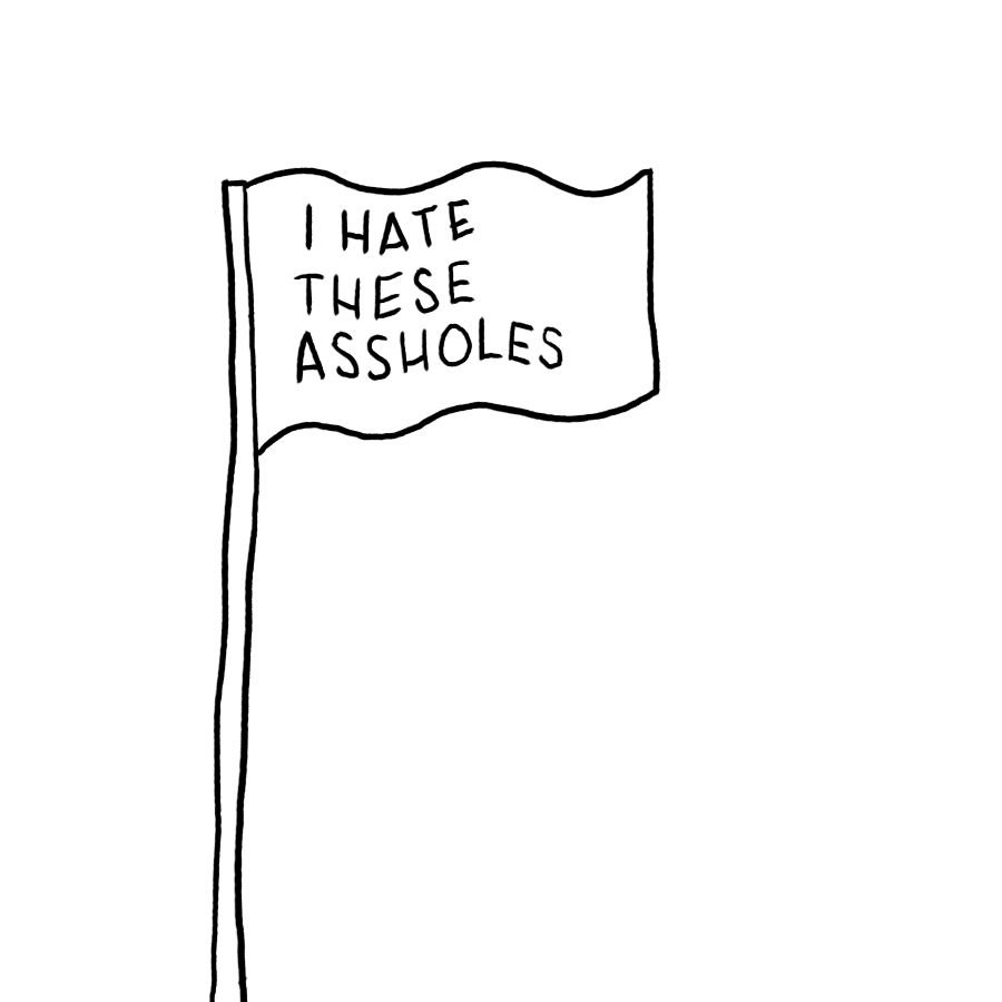 a simple cartoon line drawing of a flag that says: I HATE THESE ASSHOLES