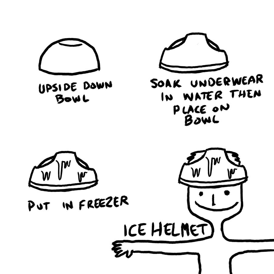 4 part illustration with captions
1: drawing of an upside down bowl (labelled as such)
2: drawing of a pair of underwear on the bowl, caption: soak underwear in water then place on bowl
3: drawing of underwear on bowl now with icicles, caption: put in freezer
4: drawing of a guy wearing the frozen underwear on his head, caption: ICE HELMET