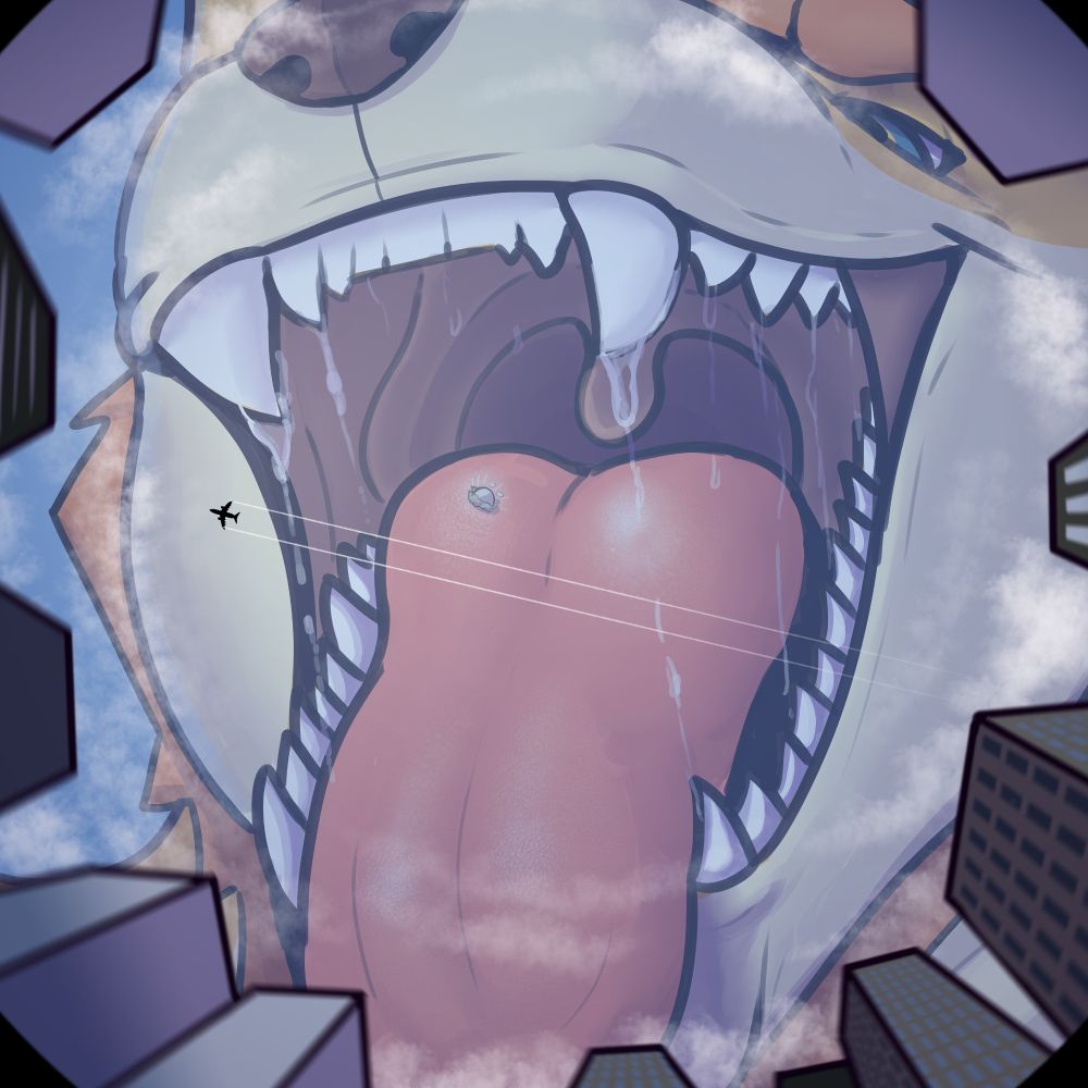 Rune's gigantic open maw looming over a city while the tongue breaks apart on his tongue