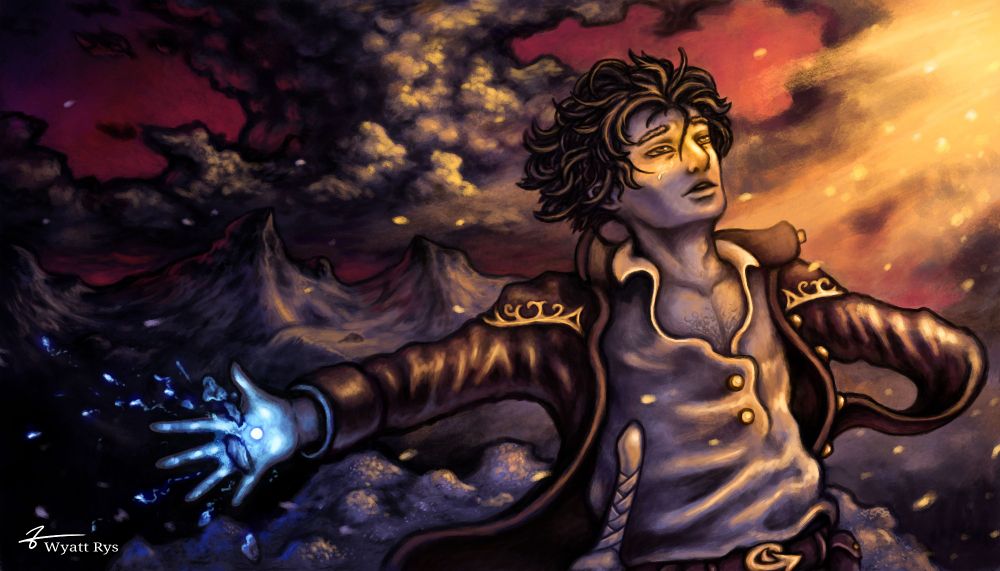 A man gazes into the warm light of a new dawn. The glowing golden sun paints his face yellow against the dim purple gloom of the fading night, revealing tears and a contented look of relief and understanding. The man wears an embroidered coat open to the wind, revealing a sword upon his belt, which itself is affixed with a dragon shaped belt buckle. One of the coat's sleeves flutters emptily, suggesting that the man is missing much of his left arm. In his right hand is the remnants of a crumbling figure, dissipating in embers of bluish energy as it falls away. Behind him can be seen cold mountains and dark clouds. The man stands upon the highest peak in all the realm, and has just experienced a moment of enormous personal growth and change. 