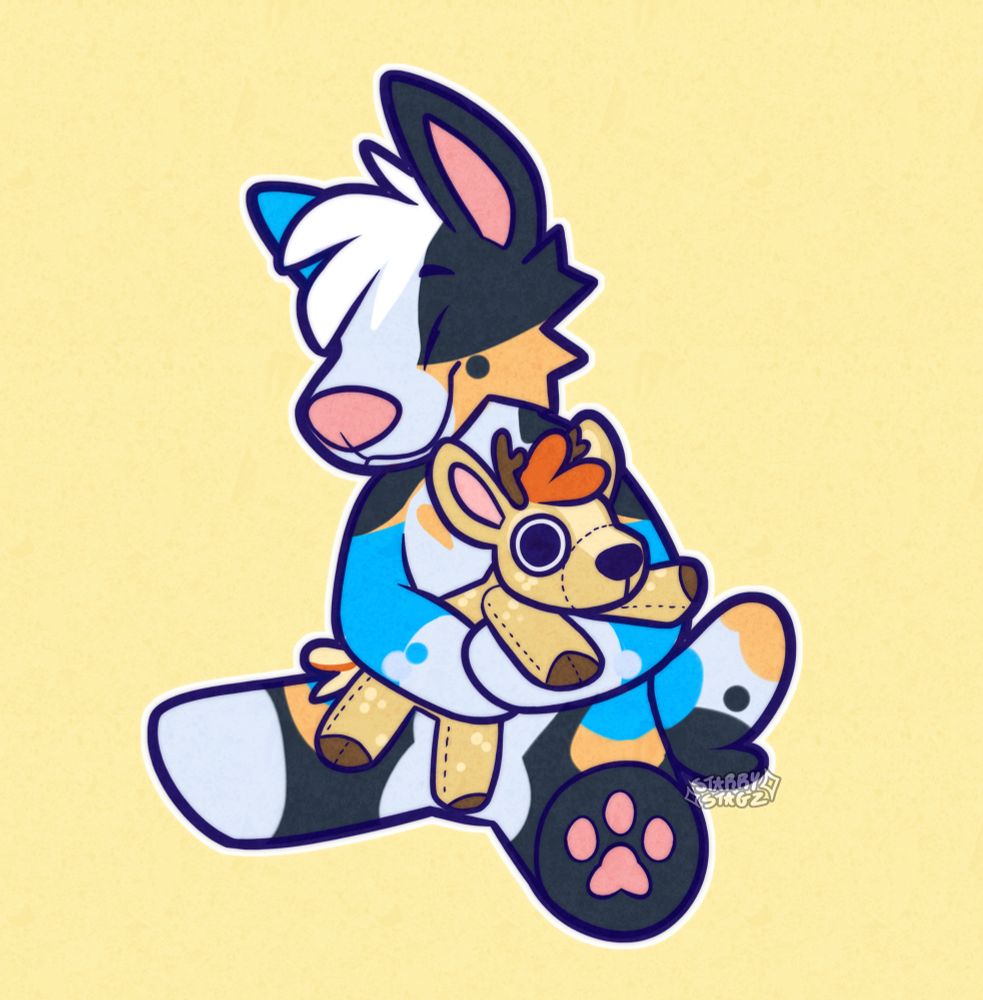 Jules the blue Heeler dog is hugging a plushie of his best friend Ty deer.