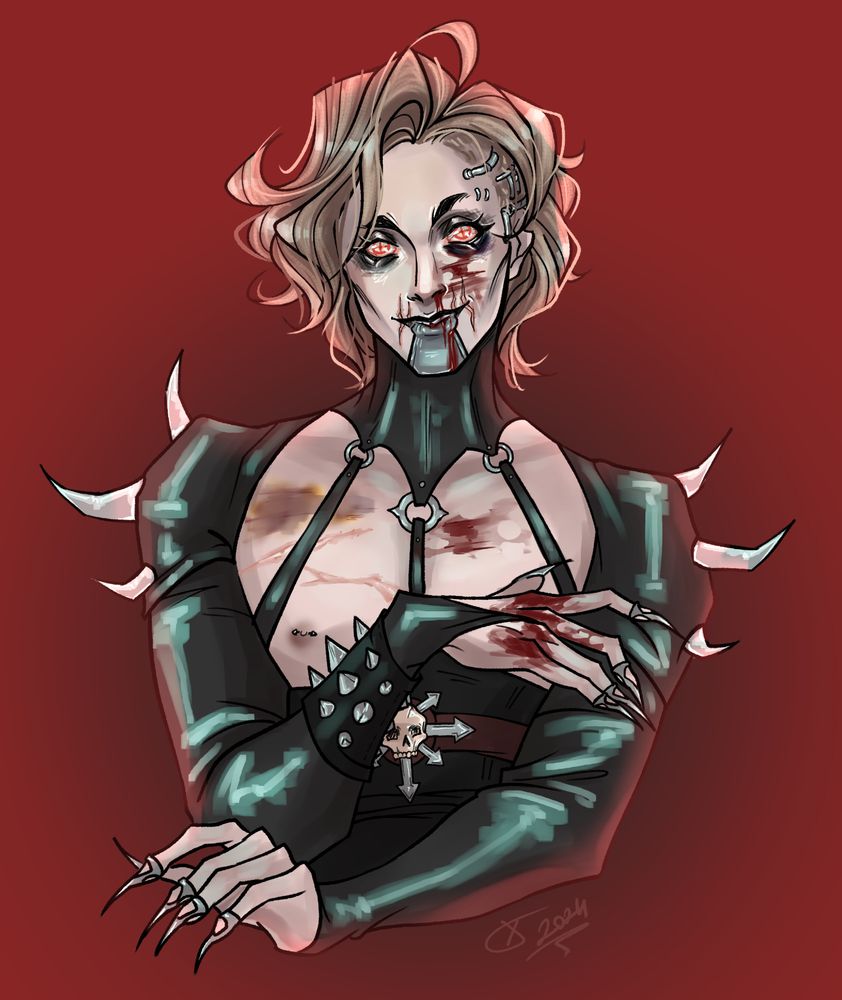 Doodle of a Warhammer Rogue Trader OC, who ears black latex gear and looks pretty beaten up.