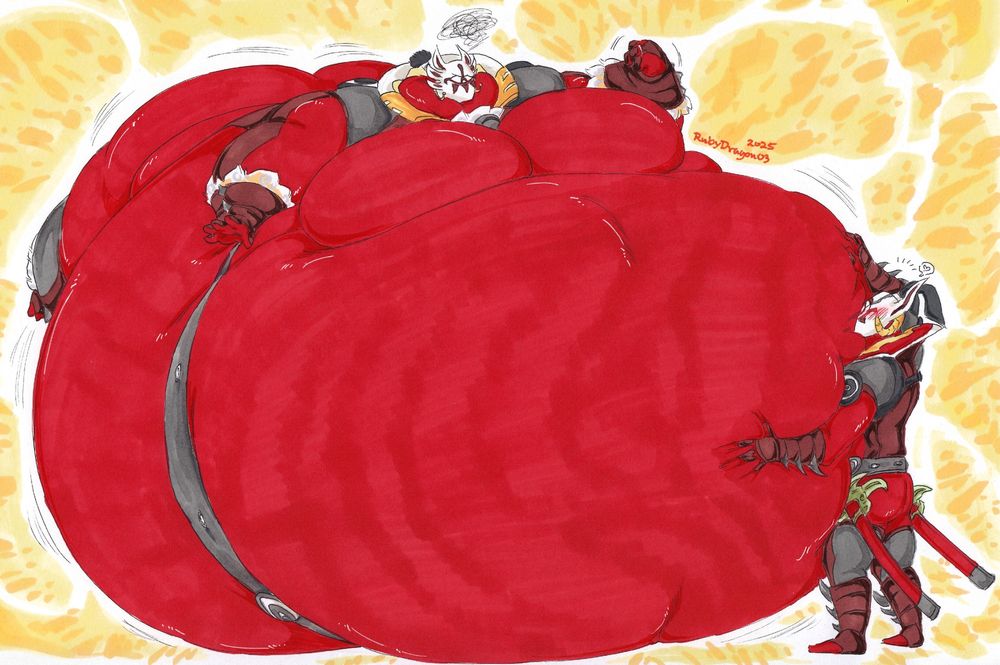 A huge and ballooned Kohga angrily shaking his fist at the ridculousness of being blown up while Sooga feels him up with a large blush
