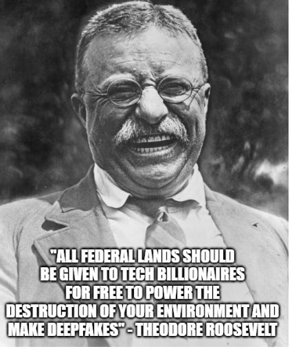 a meme with a fake quote from theodore roosevelt

"All federal lands should be given to tech billionaires for free to power the destruction of your environment and make deepfakes" - Theodore Roosevelt
