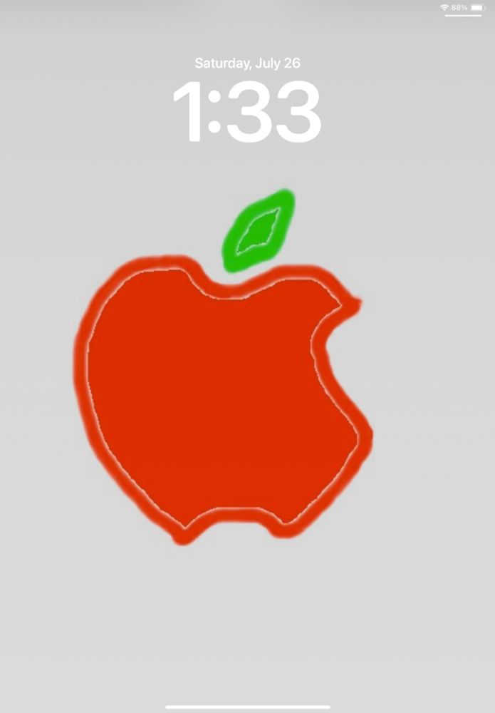 IPad lockscreen with a hand-drawn Apple logo in red (with single green leaf) on a white background. It is 1:33PM on July 26, 2025.
