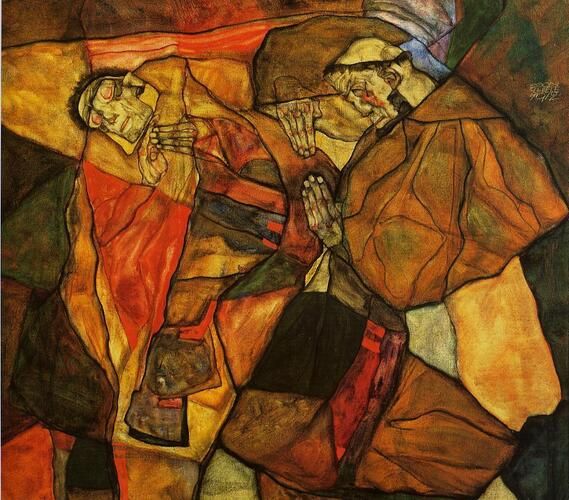 Egon Schiele's "Agony" portrays distorted figures in a dynamic, angular composition, exemplifying his distinctive expressionist style. The tension and emotion are palpable, reflecting themes of suffering and the human condition, which are central to Schiele's body of work.
