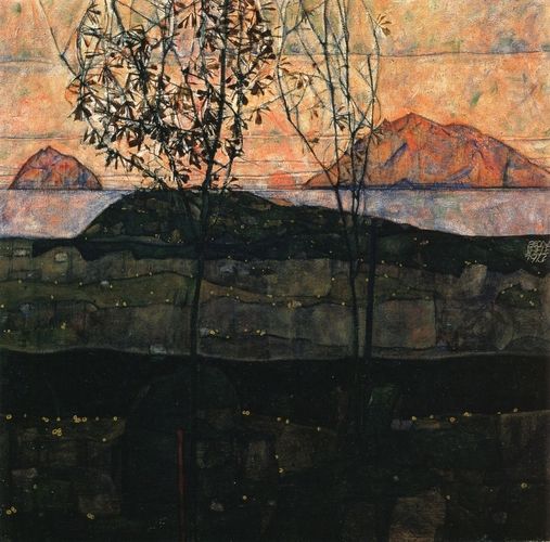 Egon Schiele's "Setting Sun" captures the dramatic hues of a sunset with angular tree branches silhouetted against vibrant, rolling hills and distant mountains. The artwork exemplifies Schiele's expressionist style, characterized by bold colors and emotional intensity, encapsulating the transient beauty of nature.