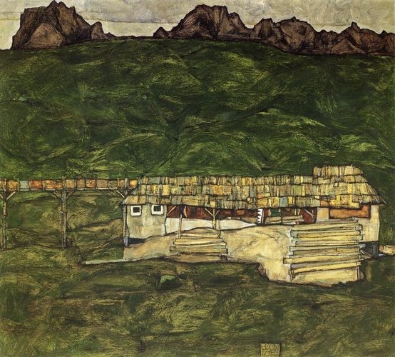 Egon Schiele's "Sawmill" depicts a rustic, timber structure nestled against a background of verdant hills and rugged mountains. The piece exemplifies Schiele's expressionist style, characterized by bold lines and a muted color palette, conveying a sense of isolation and introspection.