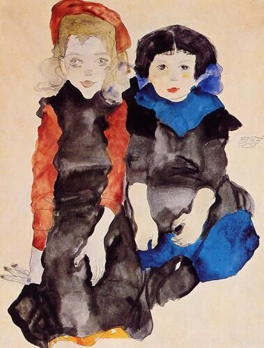 Egon Schiele's "Two Little Girls" features a delicate watercolor portrayal of two young girls exuding both innocence and introspection, characteristic of Schiele's exploration of human emotion and expression. The artist's distinct use of line and color highlights the figures' ethereal presence against a minimalist background, embodying Schiele's unique expressionist style.