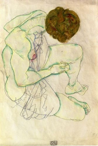 This artwork, "Sitting Woman" by Egon Schiele, showcases the artist's emotive and expressive style, with a focus on the human form and intense introspection. Created in 1914, the piece highlights Schiele’s signature use of contorted poses, bold outlines, and earthy color tones.