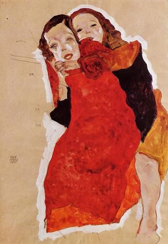 "Two Girls" by Egon Schiele captures an intimate and tender moment with its expressive use of color and line, characteristic of the Austrian Expressionist’s emotionally charged style. The painting highlights the complex interplay of emotions and human connection, featuring two figures rendered in Schiele's distinctive, raw aesthetics.