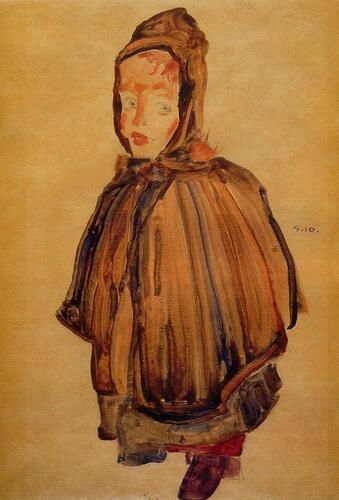 "Girl with Hood" by Egon Schiele, painted in 1910, illustrates the artist's distinctive expressionistic style with its bold use of lines and muted color palette. The artwork captures a young girl wrapped in a hooded coat, emphasizing Schiele’s focus on human emotion and psychological depth.