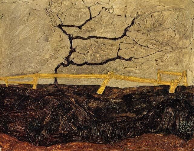 This painting by Egon Schiele, 'Bare Tree behind a Fence,' captures the stark, expressive lines of a leafless tree against a textured, muted background, illustrating Schiele's characteristic exploration of isolation and desolation. The bold, contrasting brushstrokes highlight the ominous barrier of the fence, adding depth and tension to the barren landscape.