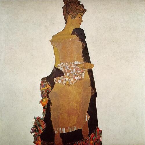 "Portrait of Gerti Schiele" by Egon Schiele presents his sister Gerti in a delicate and stylized pose, capturing the expressionistic intensity that characterized his work. Known for his distinct use of contours and earthy tones, Schiele emphasizes both vulnerability and elegance in her posture against a minimalistic background.