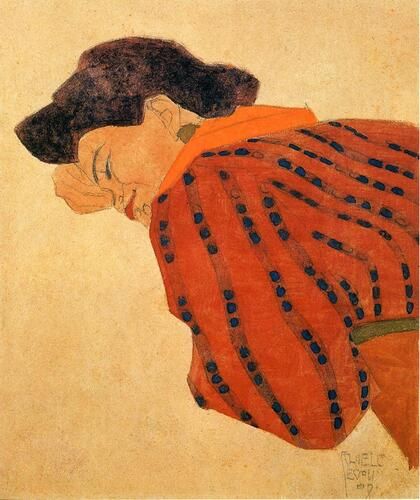 "Reclining Woman with Red Blouse" by Egon Schiele showcases the artist's distinctive use of bold colors and expressive lines, capturing an intimate moment with a figure adorned in a striped, patterned blouse. Schiele's work often emphasizes emotive poses and intense psychological insight, reflecting his fascination with human form and character.