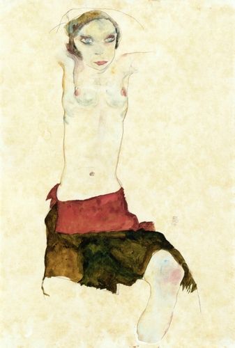 This artwork by Egon Schiele features a semi-nude figure with a striking red and brown skirt, capturing the expressionistic style and provocative themes Schiele was known for. The piece highlights Schiele's fascination with the human form, bold outlines, and emotive postures, characteristic of his avant-garde contributions to early 20th-century art.