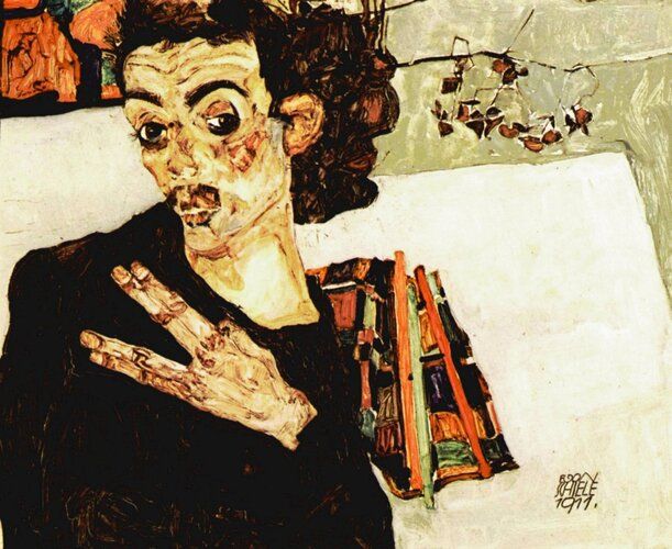 Egon Schiele's "Self-Portrait with Black Vase and Spread Fingers" features his characteristically intense gaze and exaggerated, skeletal hand gestures, set against a backdrop of bold, textured patterns and autumnal tones. This 1911 piece exemplifies Schiele's expressionist style, marked by raw emotion and distorted forms that reflect his introspective exploration of identity.