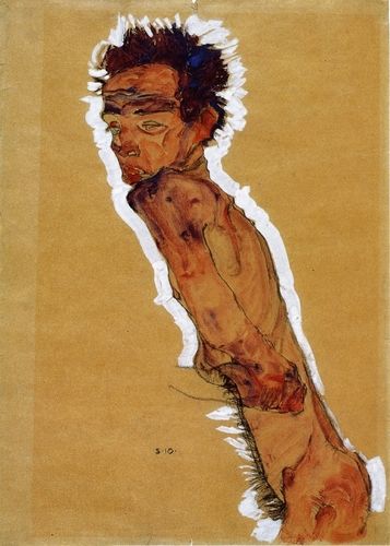 This artwork, "Self Portrait Nude" by Egon Schiele, embodies his distinctive expressionistic style, characterized by raw emotion and contorted forms. Created in 1910, the piece highlights Schiele's bold exploration of human anatomy and psychological depth, using dynamic lines and earthy colors.
