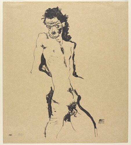 This self-portrait by Egon Schiele, created in 1910, is a striking example of his exploration of human form and expressionistic style. The artwork highlights Schiele's use of stark lines and raw, emotive details to convey vulnerability and introspection.