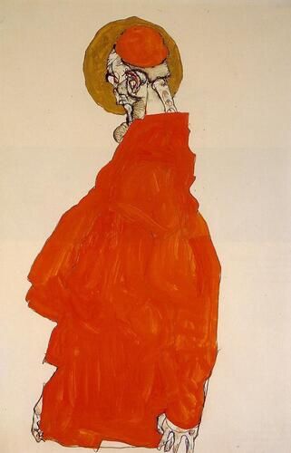 "Standing Figure with Halo" by Egon Schiele portrays a solitary figure adorned in vibrant red garments, their gaze turned downward, enveloped by a golden halo. Schiele's distinct expressionist style is evident in the exaggerated contours and vivid use of color, capturing a sense of introspection and spiritual elevation.