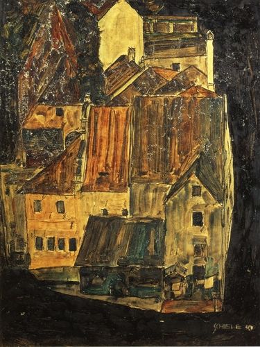 "City on the Blue River" by Egon Schiele features a cluster of intricately detailed buildings with textures of ochre and umber, set against the dark ambiance characteristic of his expressionist style. Schiele's work often reflects an emotional intensity and a unique perspective on the urban landscapes of early 20th-century Europe.