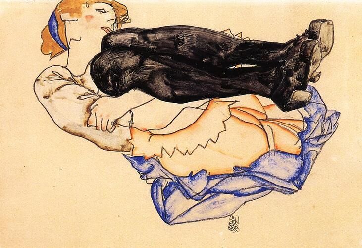 "Woman with Blue Stockings" by Egon Schiele showcases his expressive and raw depiction of the human form, emphasizing angular lines and vivid colors. The artwork reflects Schiele's distinctive style of capturing the vulnerability and emotional intensity of his subjects.