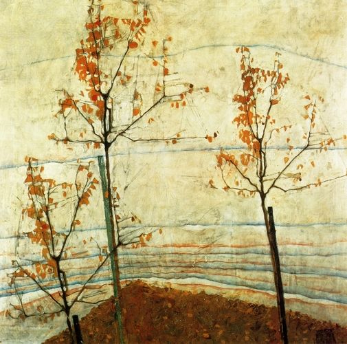 Egon Schiele's "Autumn Trees" portrays a trio of slender, leaf-bearing trees set against a subdued, textured backdrop, capturing a fleeting moment of natural transition. Schiele’s signature use of stark lines and muted colors reflects his unique, expressionistic approach to depicting the interplay between nature and emotion.